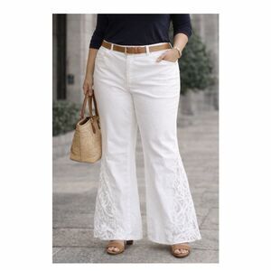 Venezia White High Rise Wide Leg Lace Hem Jeans Size 14